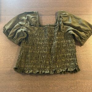 Women’s Olive Green Smocked Puff Sleeve Stretch Top Size XL